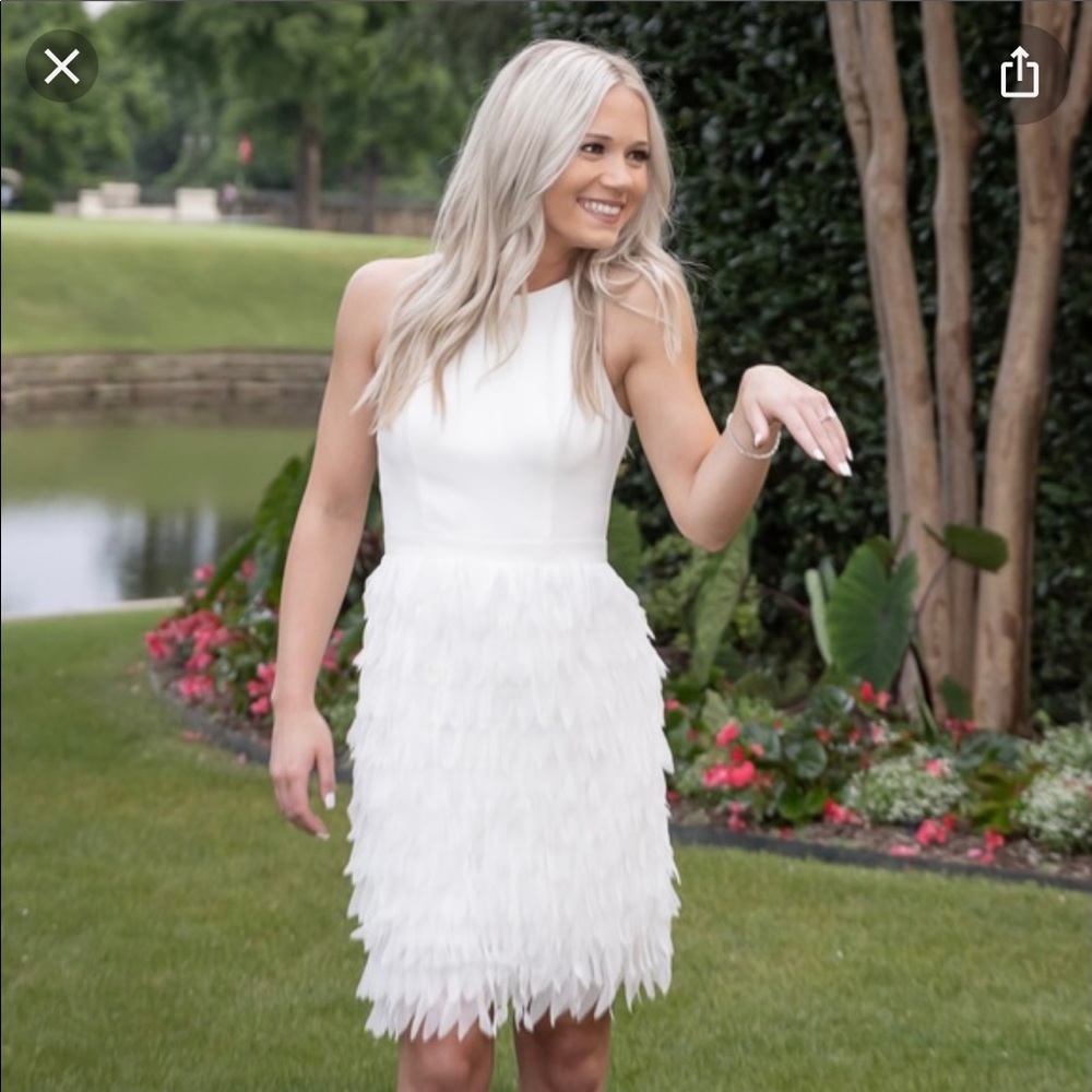 Aidan Maddox tiered feather halter dress wedding New Year’s party